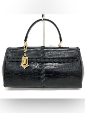 Yves Saint Laurent Black Croc-Embossed Top-Handle Satchel with Gold Charm